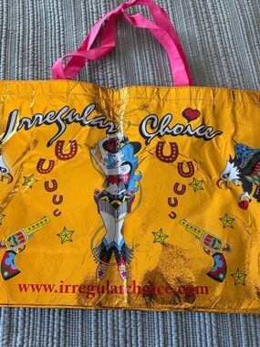Irregular Choice Bright Yellow Tote with Pink Handles and Multicolor Graphic